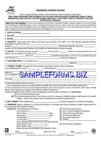 Maryland Residential Contract of Sale Form